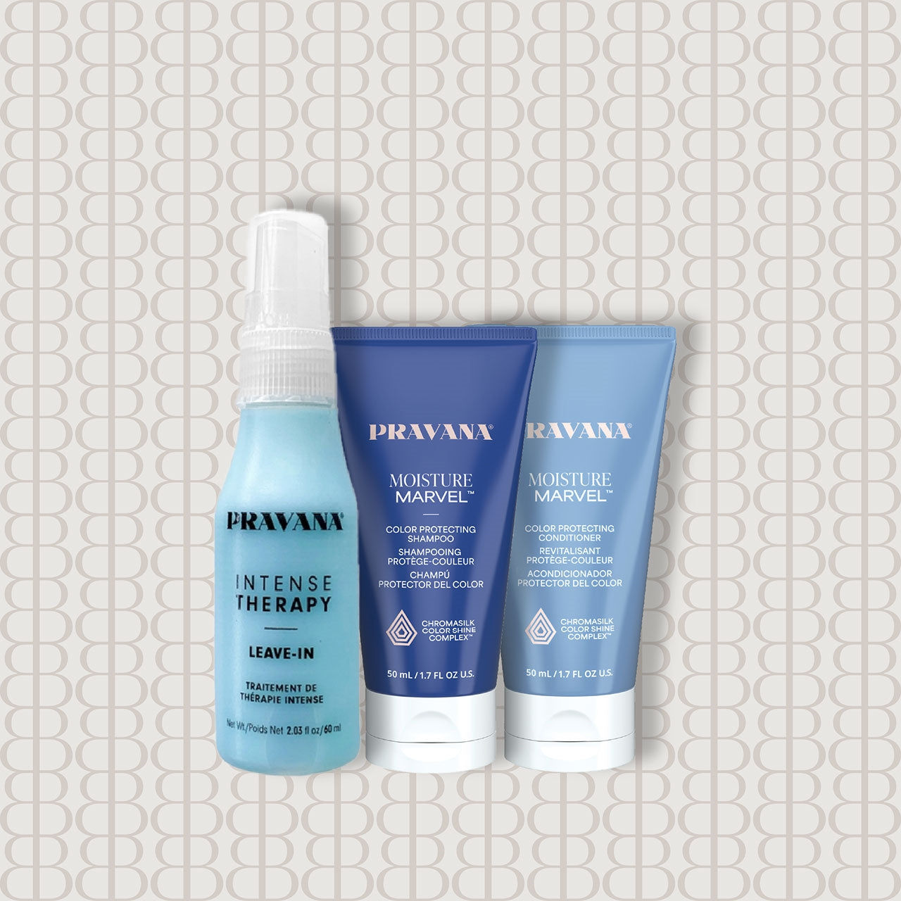 PRAVANA Moisture Marvel Color Protecting Shampoo & Conditioner 1.7 oz. + Intense Therapy Leave-In 2.03 oz. 3 pc.
